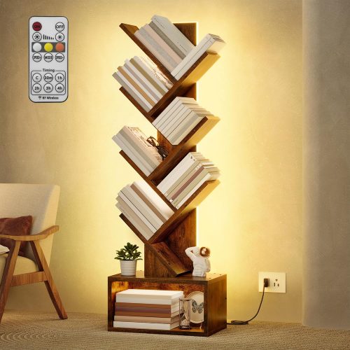 Hoctieon 6 Tier Tree Bookshelf, Tall Bookcase, Freestanding Book Shelf with LED Lights, Display Floor Standing Storage Shelf, Book Organizer Shelves for Home Office, Living Room, Rustic Brown