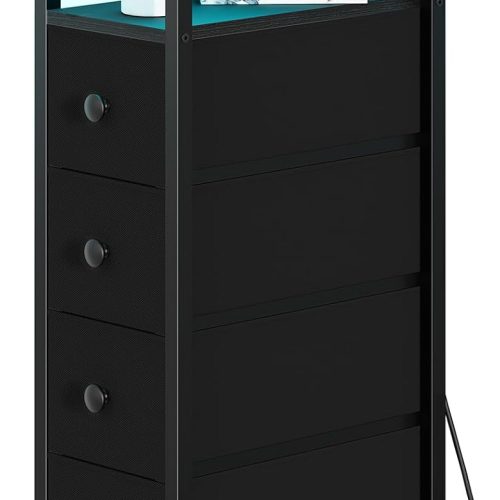 Yoobure Narrow Nightstand with Charging Station, LED Tall Narrow Side Table