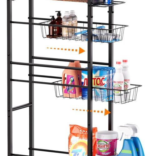 4 Tier Slim Rolling Storage Cart with Pull-Out Baskets, Narrow Sliding Storage Slim Laundry Rolling Cart Between Washer and Dryer