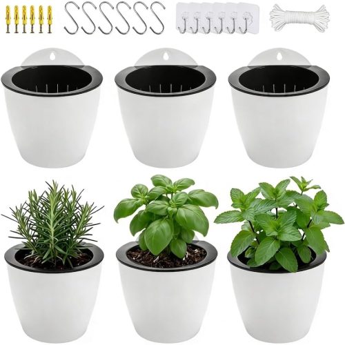 6 Pack White Hanging Planter Pots Self Watering Vertical Garden Wall Mount Window Hang Round Plastic Container Indoor Outdoor for Plants Flowers Succulent Kitchen Living Herbs Holder Decor(Large)