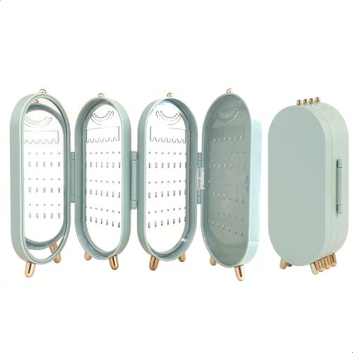 Foldable Earring Holder Jewelry Organizer Box with Mirror, 4-Layer Dustproof Earring Necklace Display Stand Jewelry Box with 153 Holes for Women and Girls, Gifts for Girl (Light Green)