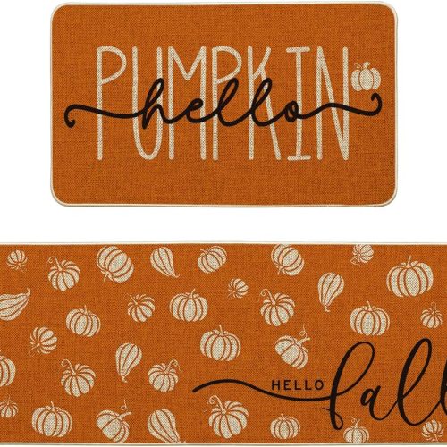 Artoid Mode Orange Hello Pumpkin Fall Kitchen Mats Set of 2 - 17x29+17x47"