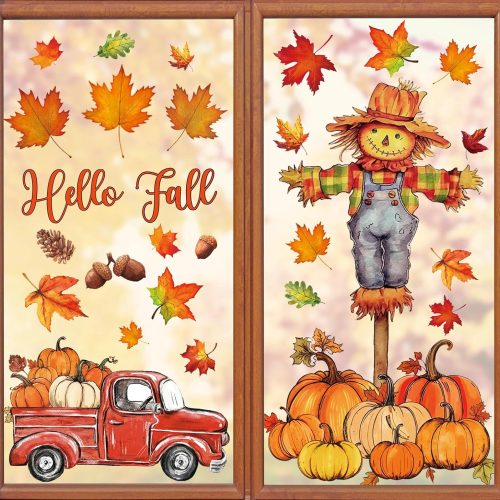WF7822MAX_1 Whaline 6 Sheets Fall Window Clings Watercolor Truck Pumpkin Maple Leaves Scarecrow Window Decals Double-Sided Reusable Glass Stickers for Thanksgiving Autumn Harvest Party Home Mirror Decor