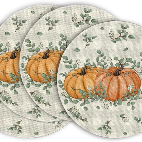 Artoid Mode Orange Pumpkins Leaves Round Fall Placemats Set of 4-14 Inch