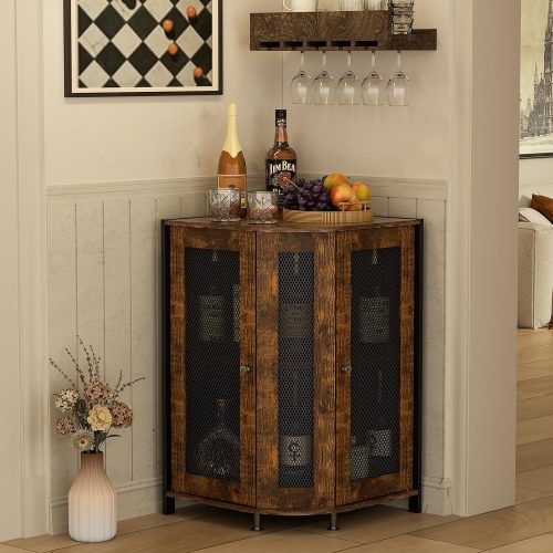 JKsmart 3-Tier Corner Bar Cabinet, Liquor Cabinet with Open Shelf & Door