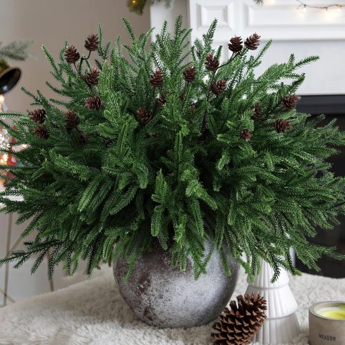 florisso Artificial Christmas Norfolk Pine Stems Branches for Vases,12 Bundles Fake Pine Stems with 2PCS Small Pinecones Branches Faux Real Touch Greenery for Xmas Holiday Winter Table Indoor Decor