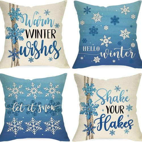 Hello Winter Snowflake Decorative Throw Pillow Covers 18x18 Set of 4