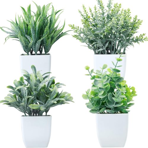 GREENTIME 4 Pack Fake Plants in White Pot Small Artificial Eucalyptus