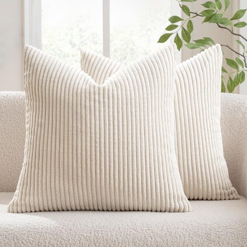 MIULEE Decorative Corduroy Throw Pillow Covers Set of 2 18x18 Cream White
