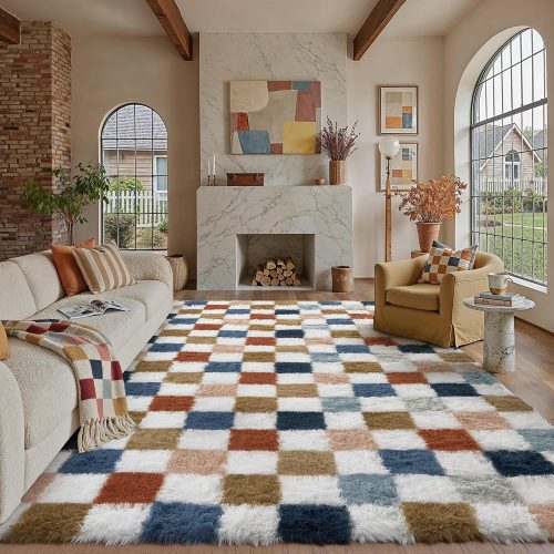 WF9302MAX_1 PureCozy Checkered Area Rug 8x10 for Living Room Soft Fluffy Shag Carpet