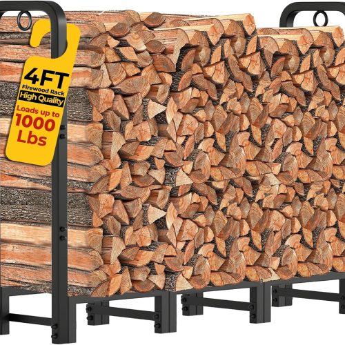 Amagabeli 4ft Firewood Rack Stand Adjustable Indoor Outdoor Fireplace Log Holder Heavy Duty Metal Wood Pile Storage Organizer Wrought Iron Lumber Stacker for Patio Black