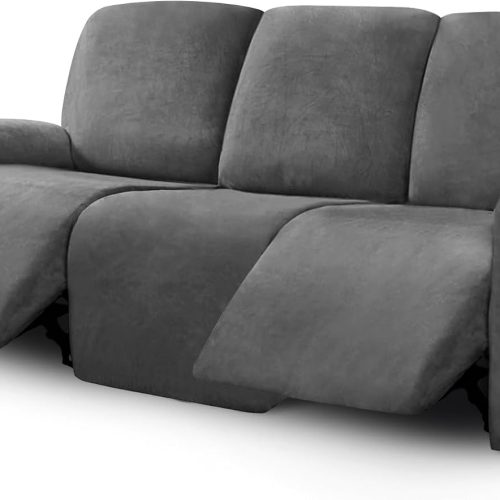 ULTICOR Velvet 8-Pieces Recliner Sofa Covers Stretch Reclining Couch Covers for 3 Cushion Reclining Sofa Slipcovers Furniture Covers Thick Soft Washable (3 Seater Recliner Cover, Dark Gray)