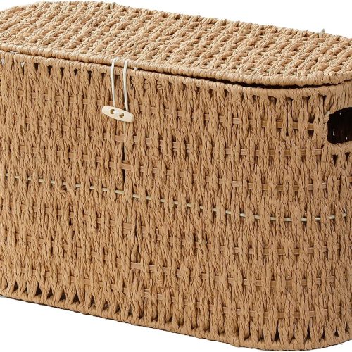 Coeusy Toilet Paper Storage Basket with Lid, Paper Rope Wicker Basket for Bathroom Organizers and Storage, Toilet Paper Holder for Up to 6 Mega Rolls, Boho Hand-Woven Decorative Decor, Natural
