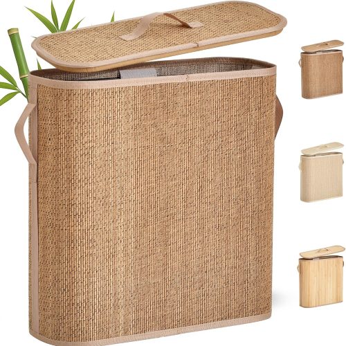 Bamboo Toilet Paper Storage Basket with Lid & Handle - 32L Large Capacity Handwoven Bathroom Organizer for 16 Rolls - Sturdy Stand Holder for Toilet Paper Organization, Carbon Brown