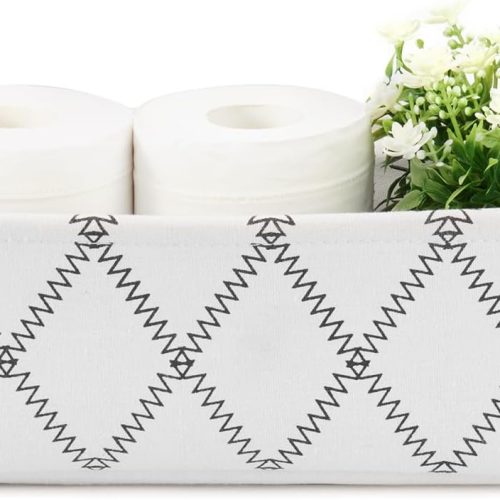 Toilet Tank Basket for Bathroom Storage - Holds 2-4 Toilet Paper Rolls, Small Decorative Basket with Wood Handles, Collapsible Organizer for Countertop, Shelf, Boho Home Décor, 12.5"x7"x4.5", White