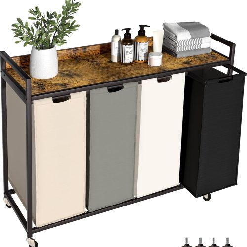 Herture Laundry Hamper with Shelf, Laundry Basket 4 Section, Laundry Sorter with Pull-Out Removable Large 4 Color Bags and Movable Wheels, Metal Frame, 4 x 15.87 Gallons (60L), Rustic Brown PF07XLN
