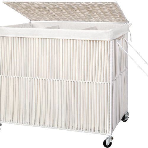 WOWLIVE Laundry Basket 3 Section, Handwoven Laundry Hamper with Wheels