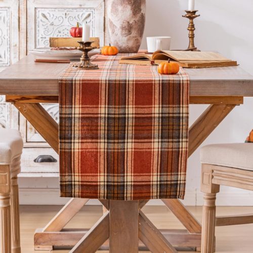 AQOTHES Plaid Fall Thanksgiving Rust Orange Table Runners 72 inches Long