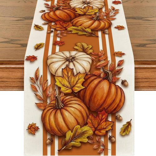 Fall Table Runner Orange Pumpkin Maple Leaf Stripes Fall Table Runner, Seasonal Autumn Kitchen Dining Table Decoration for Home Party Decor 13x72inch
