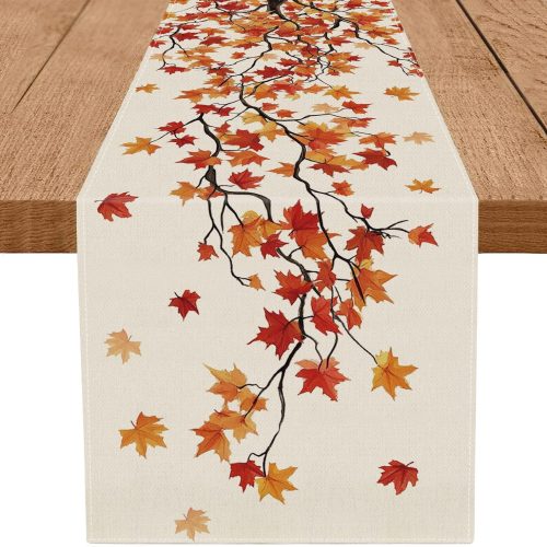 Fall Table Runner Maple Leaf Seasonal Autumn Burlap Table Decoration Holiday Home Party Kitchen Dining Table Supplies 13x72 Inch
