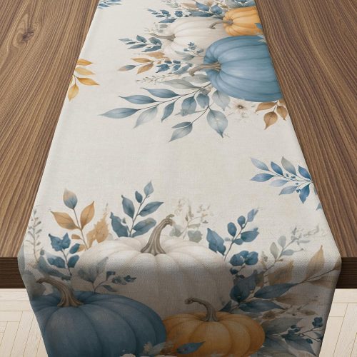 Fall Decor - Blue White Pumpkin Table Runner for Thanksgiving Decorations