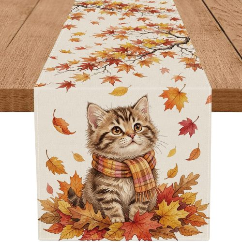 Fall Table Runner Cat Maple Leaf Seasonal Autumn Burlap Table Decoration Rustic Table Decor for Thanksgiving Kitchen Dining Holiday Party 13x72 Inch