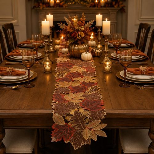 Fall Table Runner 13x69 Inches Long Autumn Maple Leaf Embroidered Runner