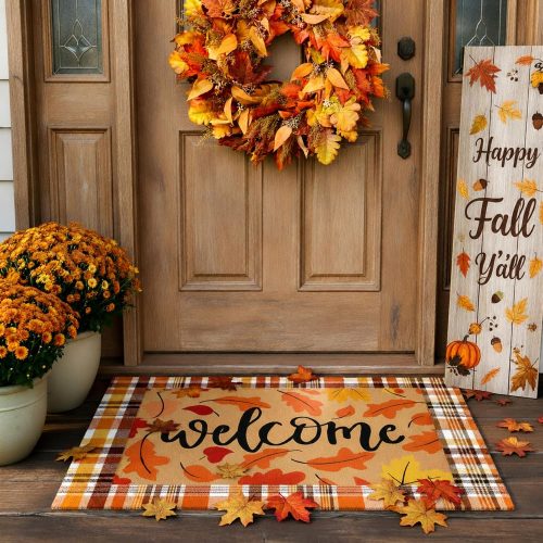 Drydiet 2 Pcs Fall Leaves Layered Doormats Fall Coir Welcome Mat