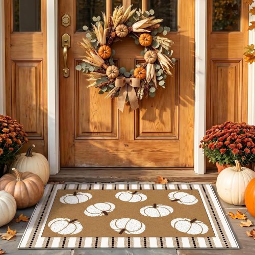 Drydiet 2 Pcs Fall Layered Doormat Set Neutral Pumpkin with Stripe Rug
