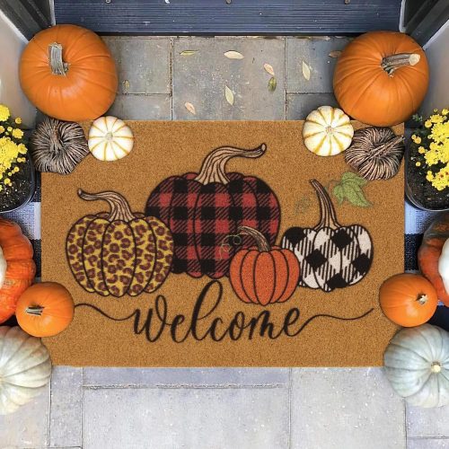 Hello Pumpkin Welcome Coir Door Mat - Halloween Pumpkin Outdoor Indoor Entrance Door Mat Non Slip Rubber Backing for Fall Holiday 17 * 30Inch