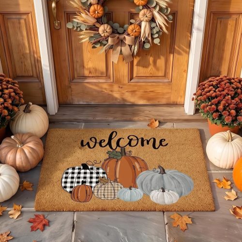 Ceenna Fall Coir Doormat Pumpkin Welcome Outdoor Mat, Non Slip Backing