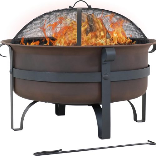 Sunnydaze 29" Patio Fire Pit for Outside Wood Burning, Round, Dark Bronze