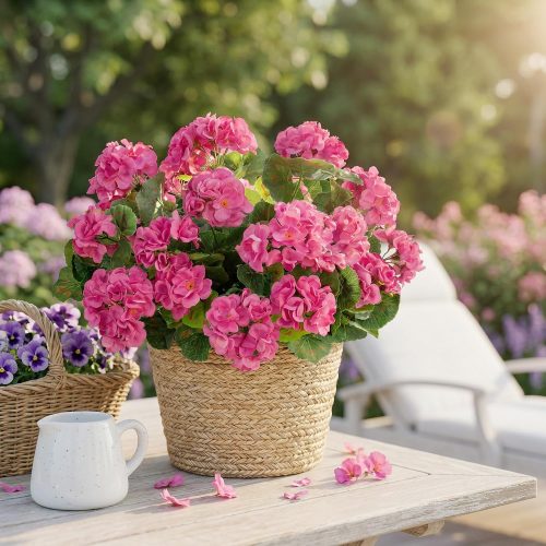 Uqueeten4PCS Artificial Flowers for Outdoors, UV Resistant Faux Geraniums Begonias Silk Plants for Outdoor Planters Hanging Basket, Fake Floral Stems for Porch Indoor Home Decor No Pot14.4(Rose Red)