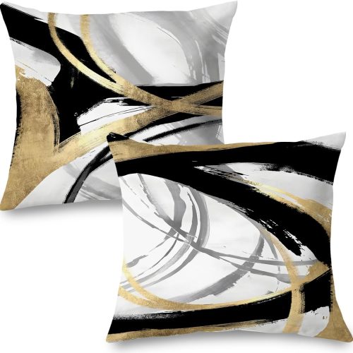 Black White and Gold Pillow Covers, Abstract Black and Gold Pillow Covers 18x18 Set of 2, Modern Boho Home Decor, Black and Gold Decorative Throw Pillows Cover for Couch Living Room Bedroom