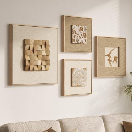 Large Framed 3D Textured Wood Wall Art 4 for Living Room, Neutral Set of 4