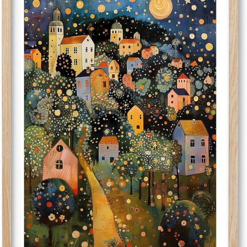 HesenDot Gustav Klimt Moon Stars Natural OAK Wood Framed Wall Art,12x16in