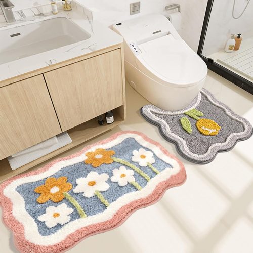 Bathroom Rug Set 2 Piece, Pink Microfiber Bath Mat & U-Shaped Toilet Rug, Non-Slip Washable Carpet 32x20 & 22x20