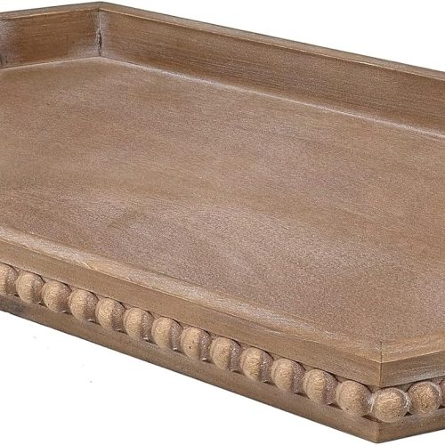 Hrastany Wood Rustic Serving Tray with Beads, Farmhouse Brown Decorative Tray for Table Centerpiece, Christmas Wedding Halloween Home Decor