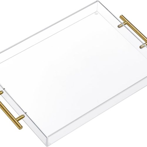 12"x16" Clear Acrylic Serving Tray with Golden Handles, Sturdy Huge Capacity Acrylic Tray for Coffee, Juice, Kitchen and Desk Organizer, Storage Tray (12"x16")