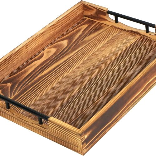 LotFancy Wood Serving Tray with Metal Handles, 17x13 Inch Tray for Ottoman
