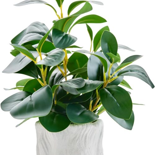 14" Artificial Potted Plant with Thick Leaves in White Textured Pot