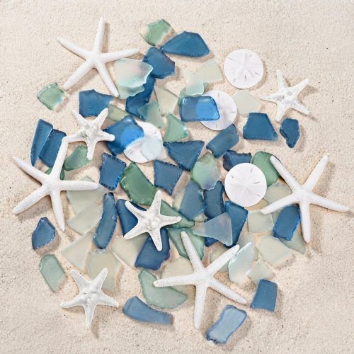 Blulu Sea Glass Decor 5.3 oz and 12 Pcs Resin Starfish Sand Dollar Ornament