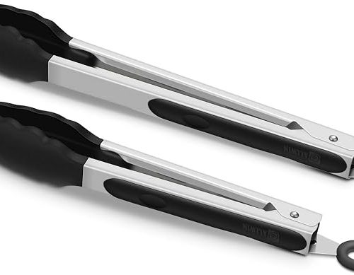 2 Pack Silicone Kitchen Tongs, 9 & 12 Inch, Stainless Steel, Black