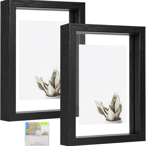 1 MUYE 5x7 Floating Frames Set of 2,Double Glass Picture Frame Display Any Size Photo up to 5x7,Wall Mount or Tabletop Standing,Black
