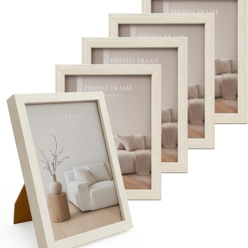 1 Display 5x7 Picture Frame Set of 5, 5 x 7 Photo Frames with High Definition Real Glass, Horizontal/Vertical Tabletop Display, White 5 Pack