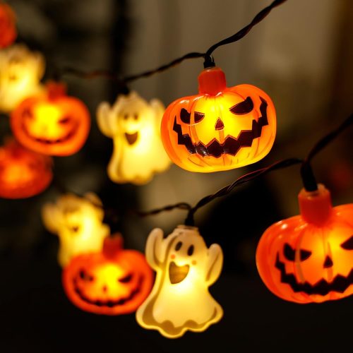 1 RECESKY Halloween String Lights - 20 LED 6.6Ft 3D Pumpkin Ghost Battery Powered Light with Timer - Spooky Cute Decor for Outside Indoor Yard House Bedroom Holiday Window Fireplace Party Decorations