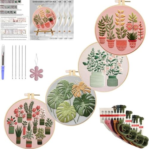 Embroidery Kits for Adults Beginner - 4 Pcs Floral Pattern Stitching Printed Bouquet DIY Sewing Kit 7.9 x 7.9 Inch (Bouquet 2)