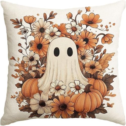Halloween Ghost Pumpkin Throw Pillow Cover, 18 x 18 Inch Holiday Farmhouse Orange Flower Spooky Cushion Case Decoration for Sofa Couch