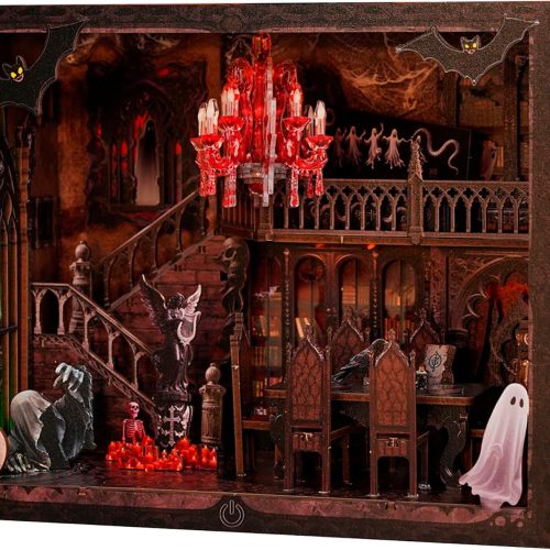 Haunted Manor DIY Miniature House Kit with LED Lights - Gothic Book Nook Decor, 3D Wooden Puzzle for Adults, Halloween Home Decoration (AAA Batteries Not Included)