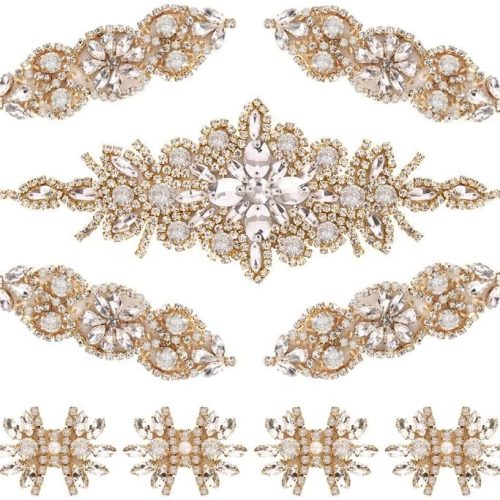 9 Pack Rhinestone Crystal Wedding Applique Iron on Patch DIY Sewing Appliques for Bridal Wedding Dress Clothes Shoes Decoration (Gold 2)